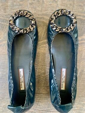 Teal Patent Leather Ballet Flats with Chain Buckle